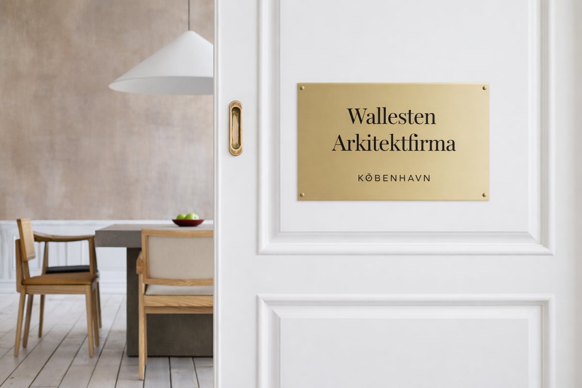 Messingskilt med gravering på dør til virksomhed