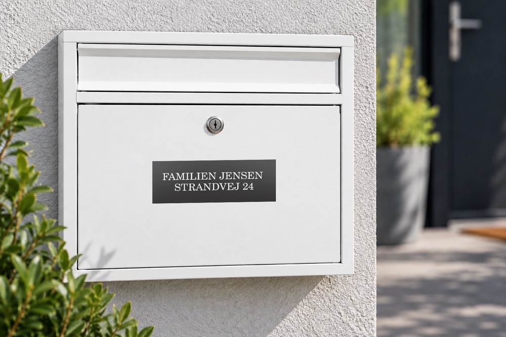 Sort postkasseskilt med graveret tekst "Familien Jensen – Strandvej 24" på hvid postkasse